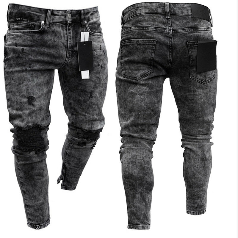Biker Jeans Men's Distressed Stretch Ripped Biker Pure Color Jeans Men Hip Hop Slim Fit Holes Punk Jeans Zipper Denim Pants