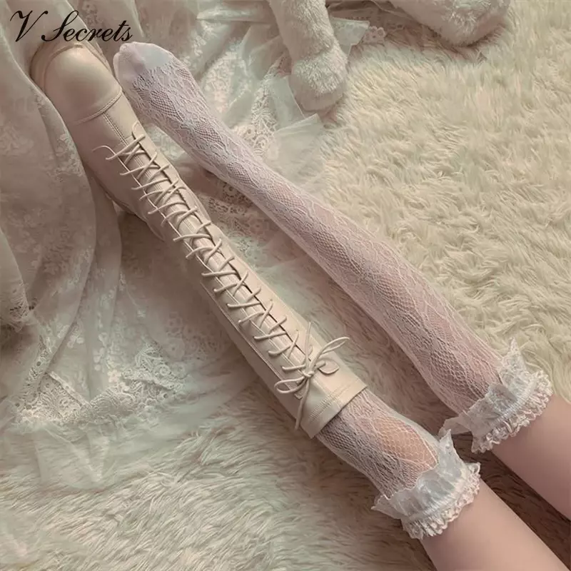 Sexy Japanischen Stil Strümpfe Lolita Bowknot Fishnet Knie Socken Anti-Hängenbleiben Frauen Hohle Spitze Strumpf Fisch Net Strumpfhosen