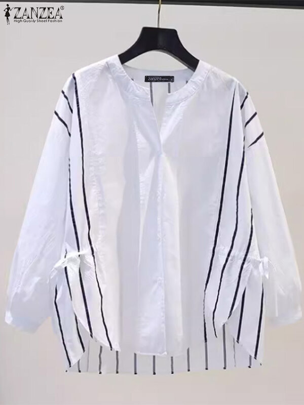 ZANZEA летняя Корейская женская рубашка с длинным рукавом Блузка с завязками 2024 элегантные Лоскутные Топы Туника повседневные свободные модные блузки для работы