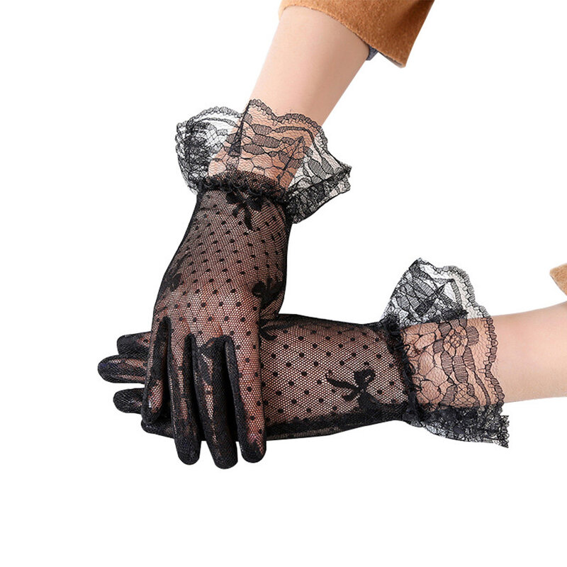Fishnet sarung tangan jala sarung tangan pengantin renda Tulle hitam putih pendek jari penuh tabir surya musim panas