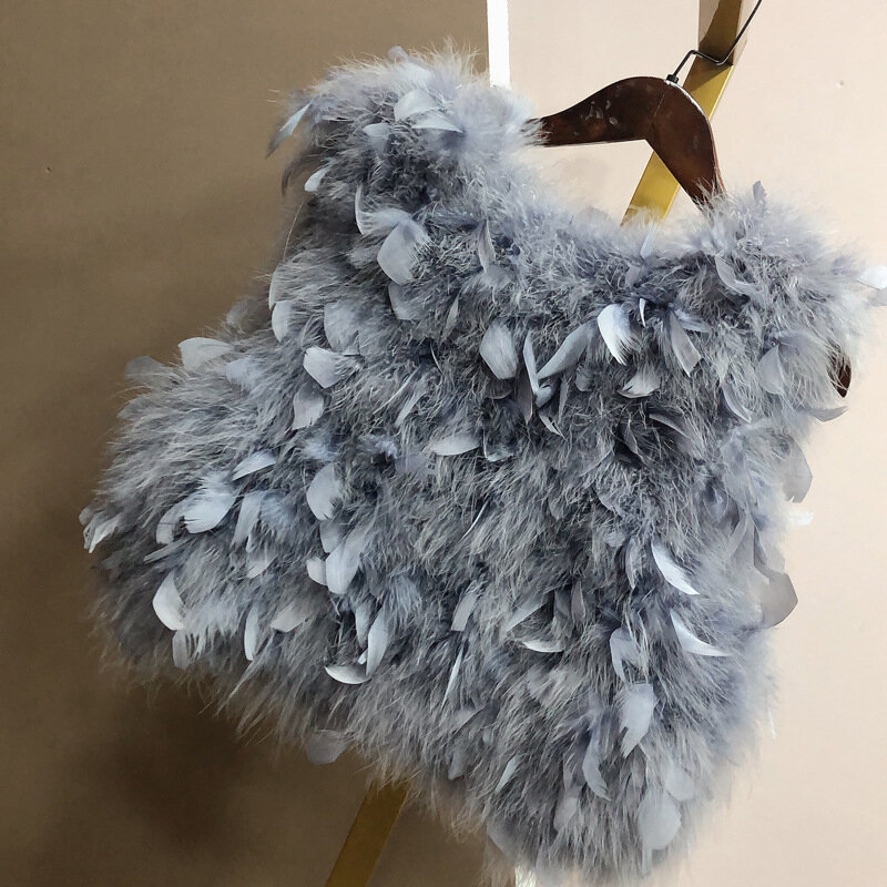 Musim Gugur Musim Dingin Bulu Burung Unta Rompi Bulu Kalkun Wanita 3D Kelopak Pendek Rompi Wanita Elegan Tanpa Lengan Mantel Bulu Pluffy Y3242