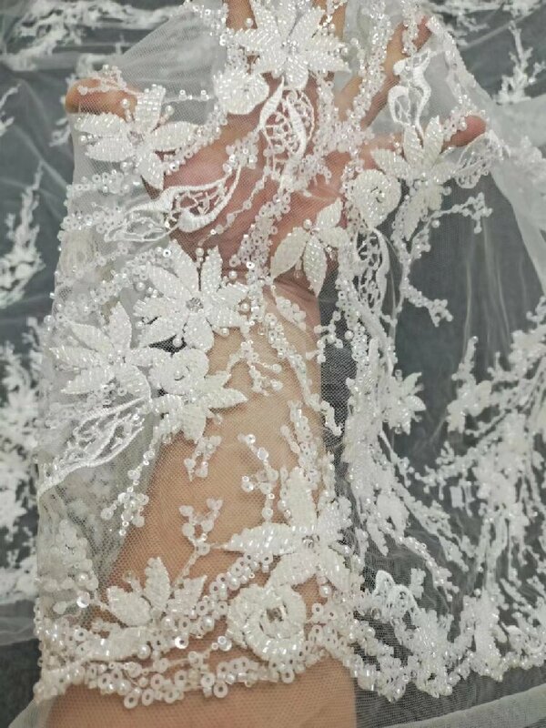 Tela de encaje de flores con lentejuelas para vestido de novia, tejido elegante, a la moda, 2024