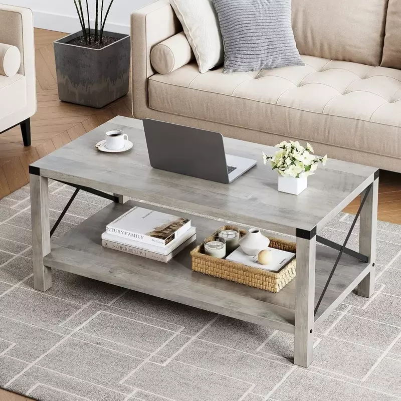 Coffee table farmhouse center, grey, open coffee table with cupboards and double storage