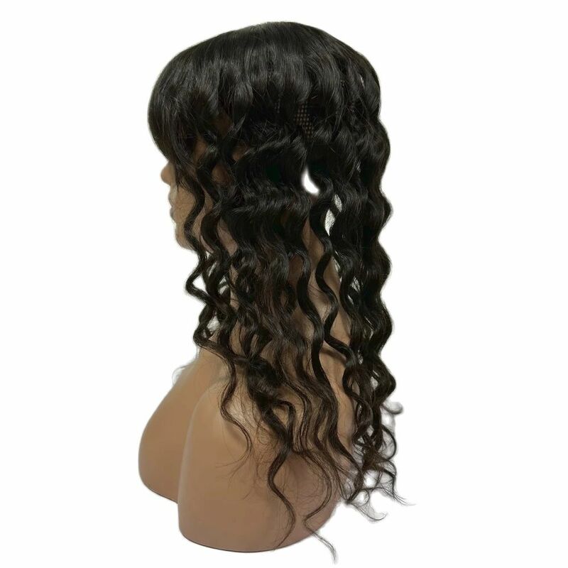 Clip in Human Hair Topper with Bangs Wavy Virgin European Human Hair Fringe Skin Scalp Silk Base Hairpiece for Women Toupee