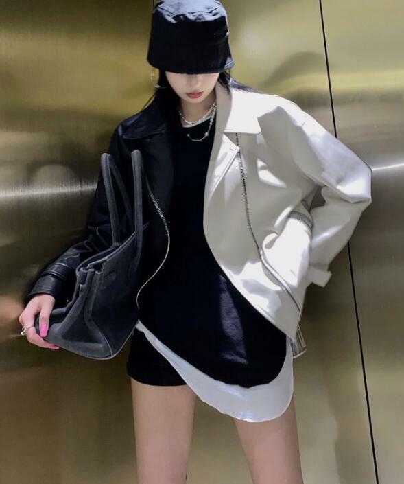 Women Faux Leather Jacket With Belt Splicing Color Turndown Collar Coat Zipper Outside Leather Overcoat