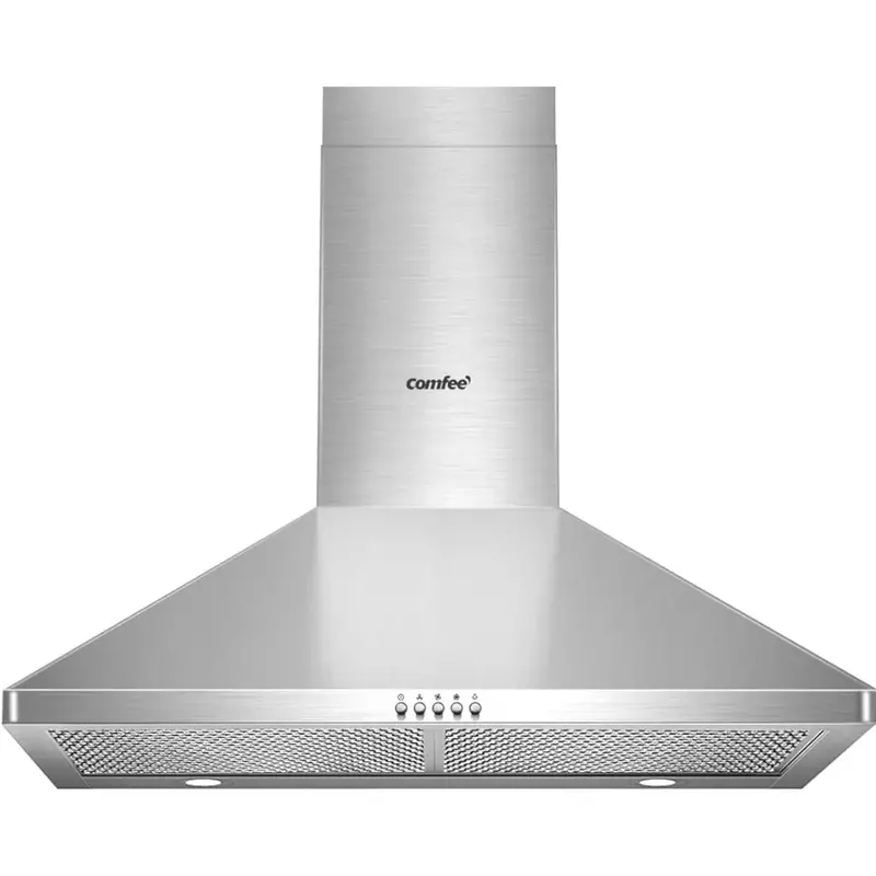 Range hood - stainless steel wall mounted ventilator with 3-speed exhaust fan, 5-layer aluminum filter, and two LED lights