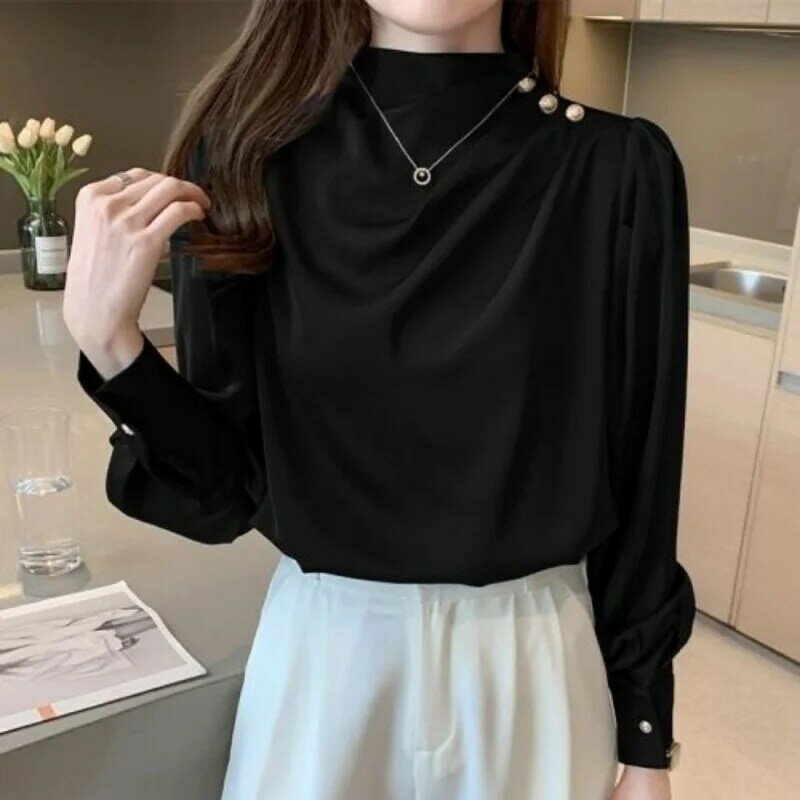 Elegante Knopf Patchwork Shirt Tops Frühling neue Langarm einfarbig lose plissierte Bluse Temperament Büro Frauen Kleidung