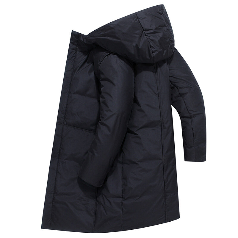 Nowy średniej długości, stylowe męskie płaszcze ciepłe z kapturem wysokiej jakości białe kacze puch męski płaszcz zimowy kurtka z grubym bufiaste kurtki