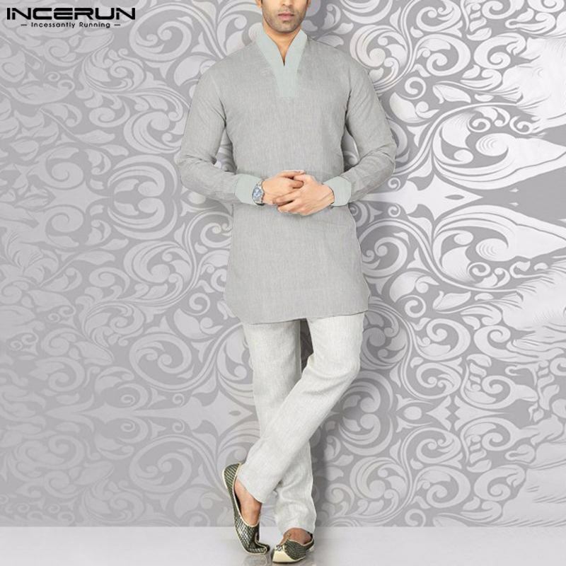 INCERUN top 2023 camicie da uomo in stile mediorientale musulmano doppio colore Patchwork Design colletto in piedi camicetta a maniche lunghe S-5XL