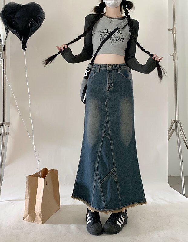 Y2K Denim Váy Nữ Thời Trang Cao Cấp Lá Sen Gói Hông Váy Đuôi Cá Thiết Kế Kiểu Lọt Khe Retro Váy Midi Dạo Phố