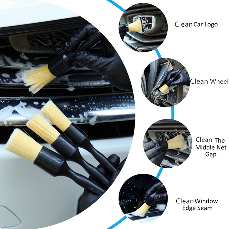 Escovas interiores da cerda do cabelo para a limpeza do carro, escova do painel, exterior, 3 PCes
