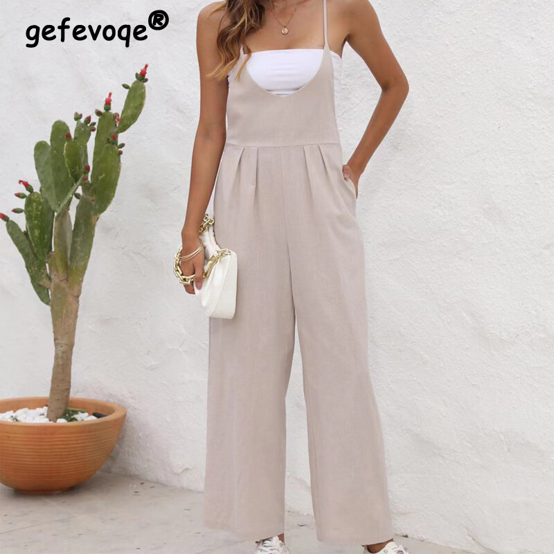Women Sexy Spaghetti Strap Sleeveless Jumpsuits Summer Trendy Solid Cotton Linen Straight Rompers Casual Loose Pockets Overalls