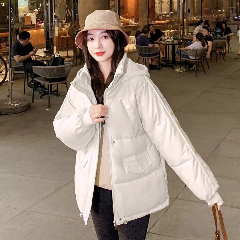 2023 New Autumn Winter Women loose Hooded Jacket Short Stand Up Collar Parka Down Cotton Jacket Female Overcoat Warm Outwear