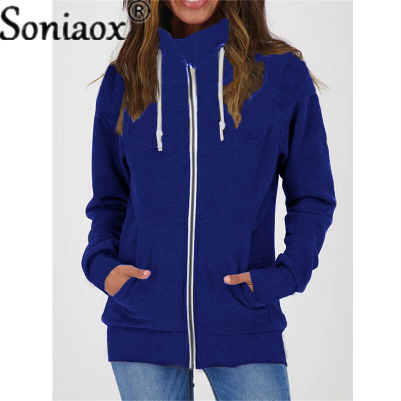 캐주얼 긴 소매 루즈핏 후드티 스탠드 칼라 집업 스웨트셔츠 여성용, 한국 버전, 단색 코트