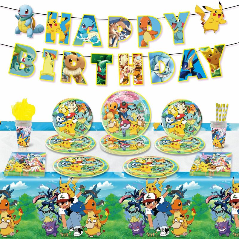 Juego de vajilla desechable de Pokémon para niños, decoración de fiesta de cumpleaños, globos de papel de aluminio de Pikachu, plato, servilleta, suministros para niños