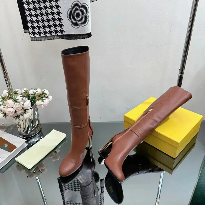 Joelho de couro genuíno botas de salto quadrado, botas com zíper apontado, decoração mental, conforto maduro moderno moda, alta qualidade, 2024