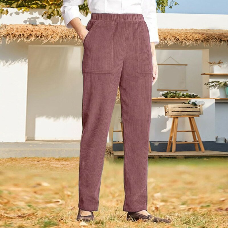 กางเกงขายาวทรงตรงมีกระเป๋าสำหรับผู้หญิง, กางเกงขายาวเอวยางยืดลายทางลำลองสีทึบเสื้อผ้าผู้หญิงฮาราจูกุอเนกประสงค์