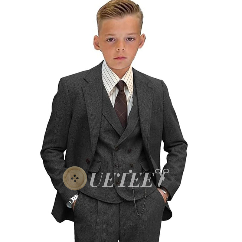 UETEEY Boy's Suit 3 Pieces for Wedding Party Herringbone Tweed Single Chest Suits Jacket Vest Pants Elegant