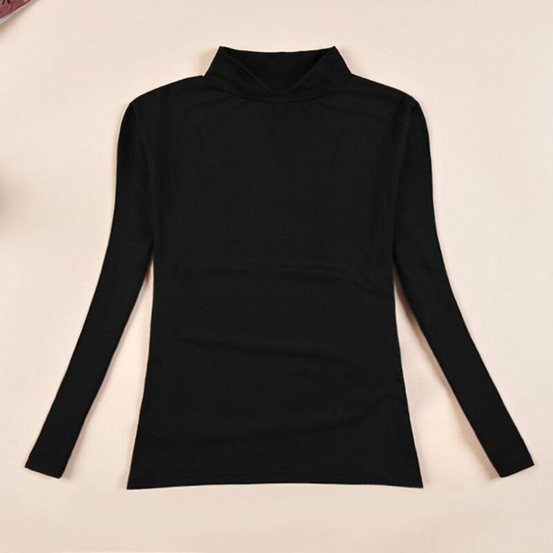 모던 레이디 슬림 핏 솔리드 하이넥 티셔츠, 가을 여성 긴 소매 엄지 구멍 티셔츠 탑