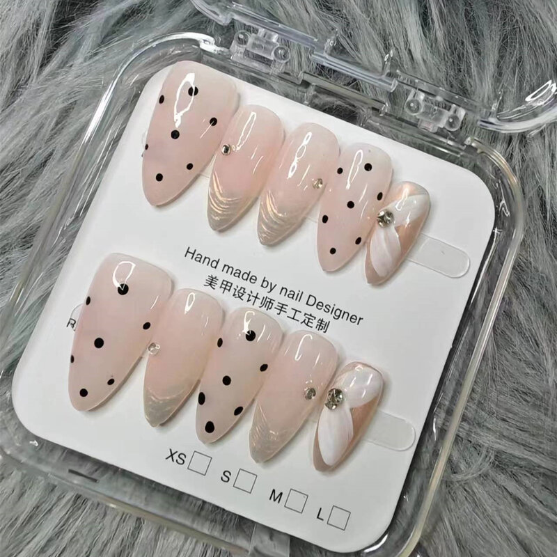 10 Stück Mandel handgemachte Presse auf Nägeln volle Abdeckung einfarbige Tupfen Design gefälschte Nagel künstliche Maniküre tragbare Nagels pitzen