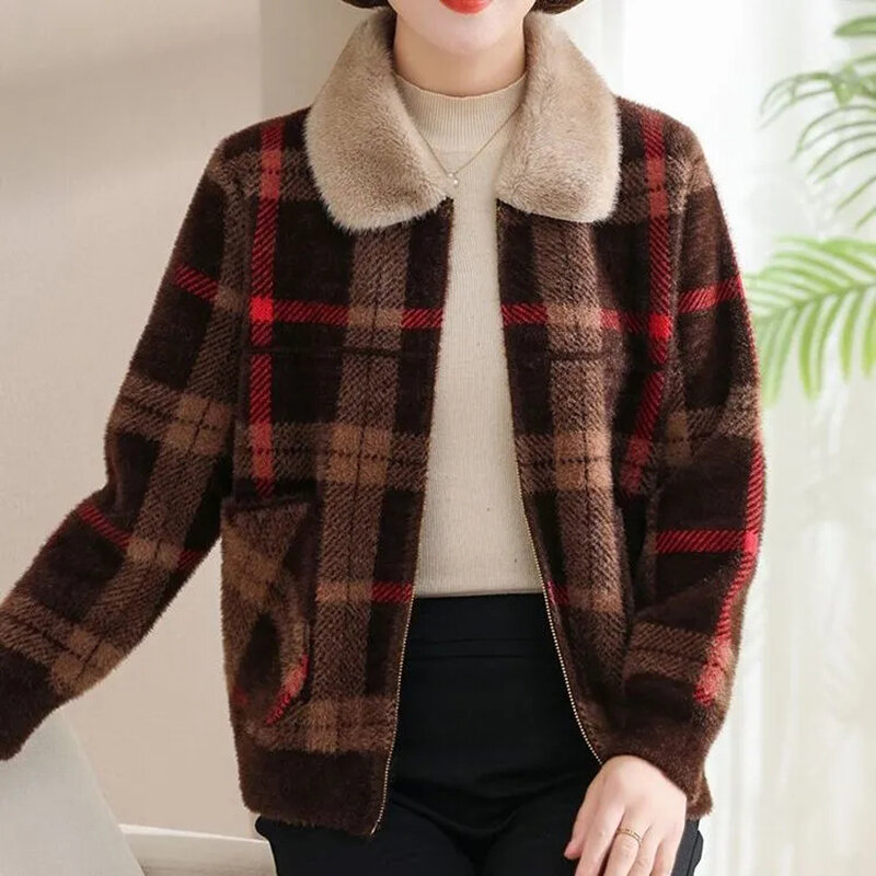 Fashion Imitation Woolen Collar Imitation Mink Velvet Coat Women's Knitted Woolen Jacket 2024 New Spring Autumn Coat Tops Female