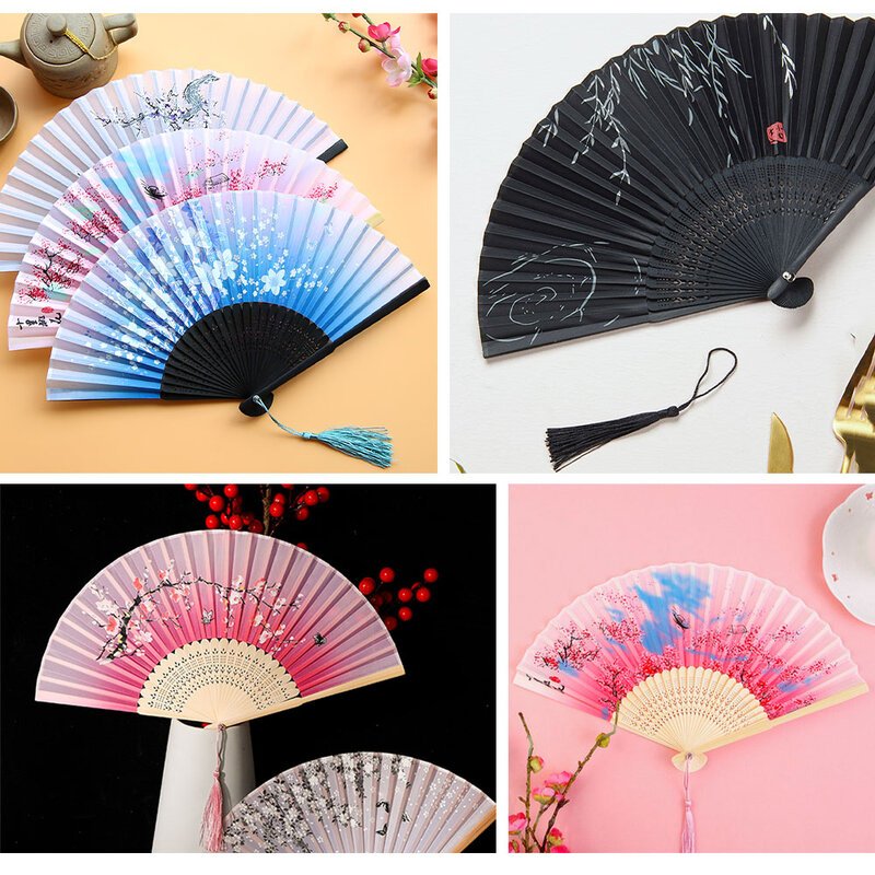 Kipas lipat Jepang Tiongkok, pisau kayu, kipas tari klasik, rumbai elegan, kipas wanita, hadiah kerajinan seni pesta, dekorasi rumah