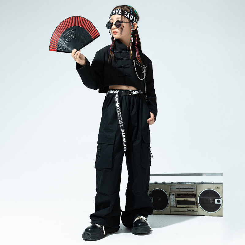 Kinder Tienerpunk Hiphop Kleding Zwart Shirt Crop Tops Casual Cargo Broek Mini Rok Voor Meisje Jazz Dans Kostuum Showkleding
