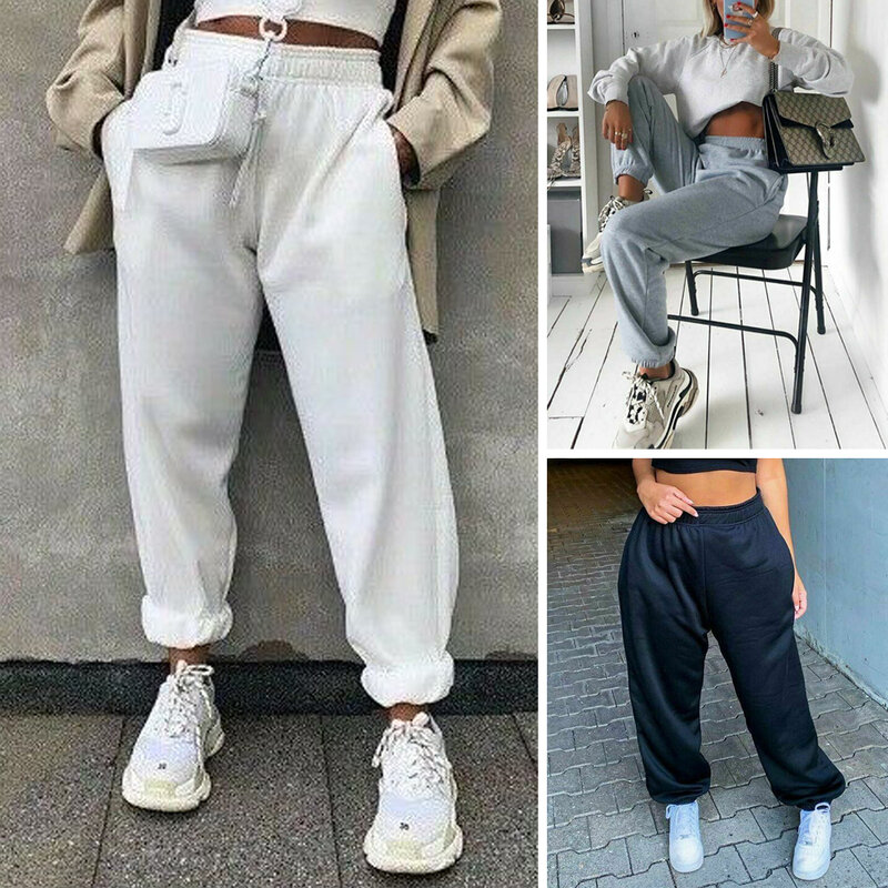 Pantalones deportivos informales para mujer, chándal liso de cintura elástica, holgado