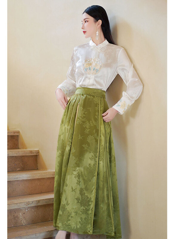 High-Quality Spring New Chinese Style Rayon Jacquard Horse Face Skirt High Waist 2024 New Retro Women's Green Half  Skirt S-XXL