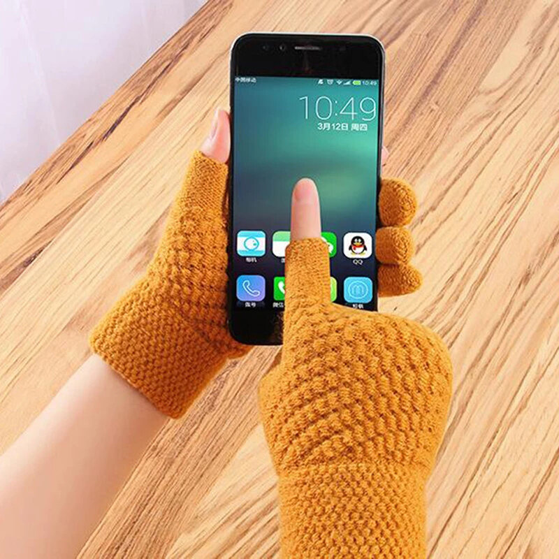 Simple Winter Driving Cycling Elastic Half-Finger Women Touch Screen Wool Mittens Knit Gloves Fingerless Gloves