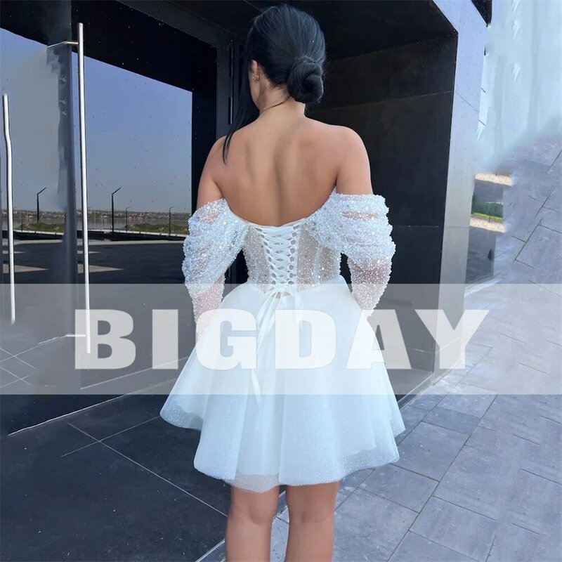 Elegant A-line Wedding Dress Long Sleeve Off The Shoulder Open Back Strapless Sequins Bridal Gown Above Knee Vestidos De Noiva