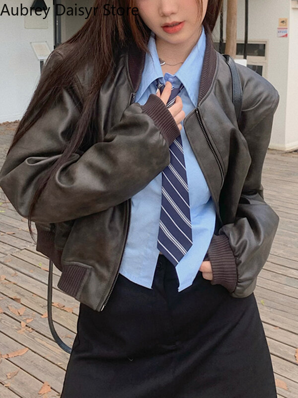 Veste en cuir courte coréenne pour femme, Streetwear d'automne, Moto Biker Zipper, Manteau en cuir décontracté High Street, Nouveau, 2023