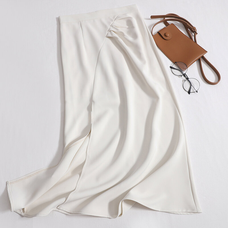 Spring Summer Half Dress Women High Waist Solid Color Pleated Split Skirt Female Casual Fashion A-line Zipper Long Skirts