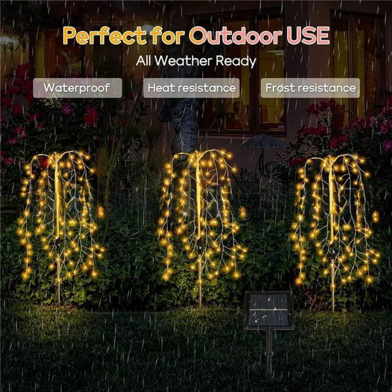 Solar Garden Lights 3 Lighting Modes 300LEDs Swaying Little Willow Tree Light Waterproof Flexible Copper Wire Lamp For Yard Path