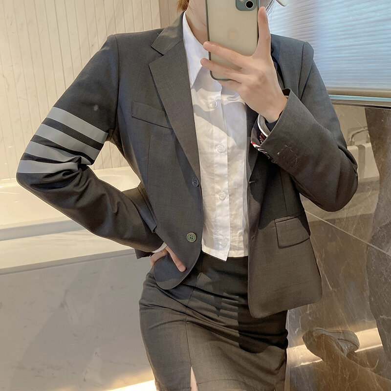 Bolso de lapela TB estilo coreano Top feminino, terno pequeno, slim fit, pendular, casaco casual, top, 4 listras, alta qualidade