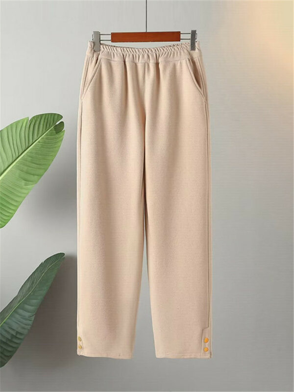 Celana panjang crop longgar wanita, Bawahan kasual Musim Semi dan Gugur ukuran besar dengan pinggang elastis longgar