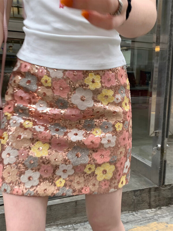 Benuynffy-Mini jupes courtes à paillettes pour femmes, Streetwear taille haute A-Line, Mode coréenne, Sweet Party, Y2K, Été, 2024