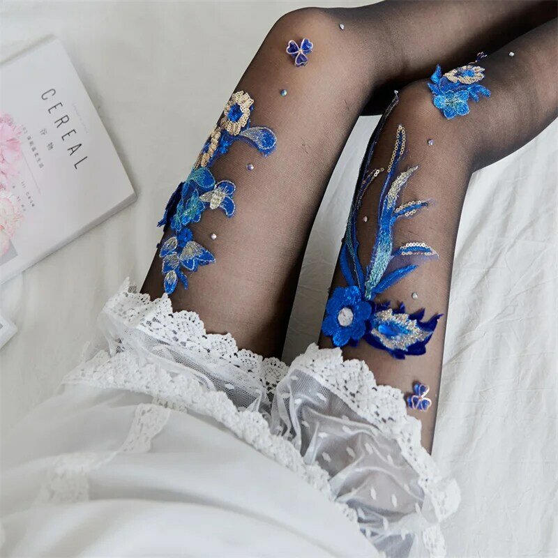 Meias de seda transparentes femininas, meia-calça feminina, meias finas, vestido de festa, bordado estilo flores, calça azul padrão, transparente, sexy