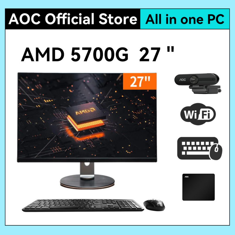 AOC 올인원 컴퓨터, 데스크톱 게이밍 조정, AIO 사무실 게이밍 컴퓨터, 27 인치 AMD 5700G, DDR4 16GB, NVMe 512GB, Win11, 가정용 올인원