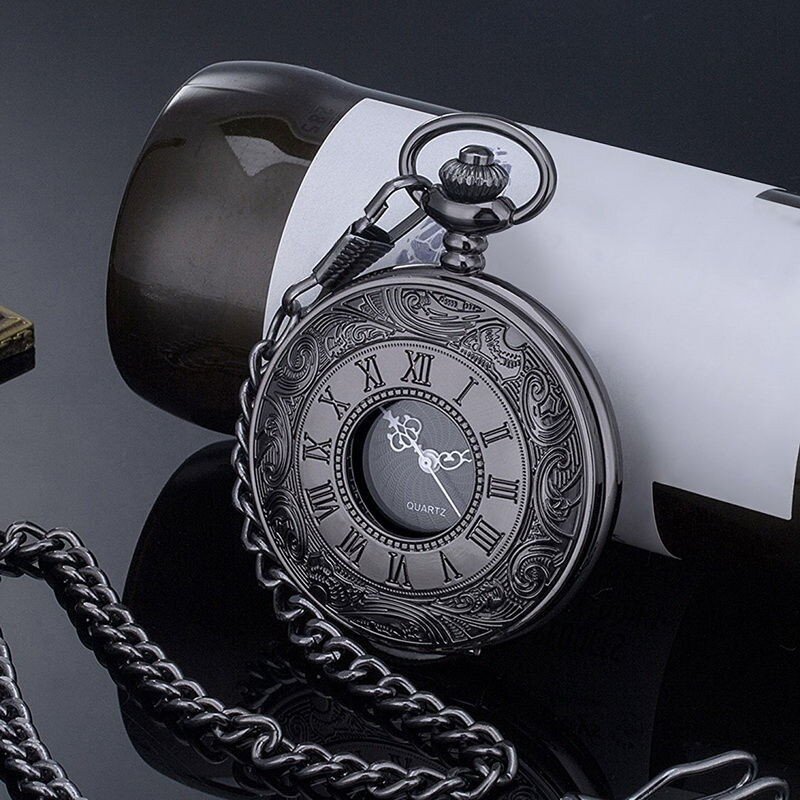 นาฬิกาพกควอตซ์สตีมพังก์สีดำตัวเลขโรมันวินเทจสำหรับผู้ชายและผู้หญิงสร้อยคอจี้สายเข็มขัด