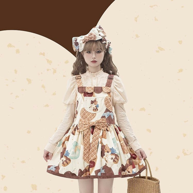 Sweet Lolita Jsk Sling Dress Muffin Cat Print Lolita Dress High Waist Strap Dress Cute Soft Girl Dress