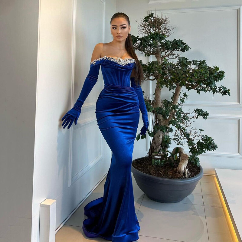 Thinyfull 2023 Sexy Mermaid Prom Dresses Off The Shoulder Velvet Evening Dress Saudi Arabia Dubai Cocktail Party Gowns Plus Size