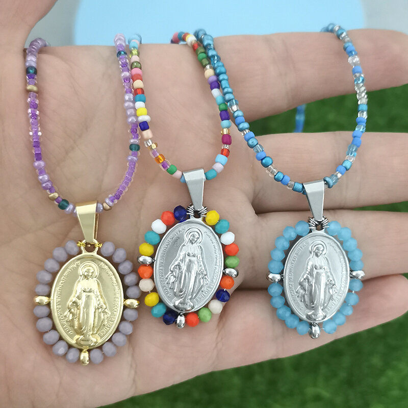 QMHJE Virgin Mary Stainless Steel Pendant Charm Necklace Women Choker Beads Chain Gold Silver Color Rainbow Colorful Jewelry