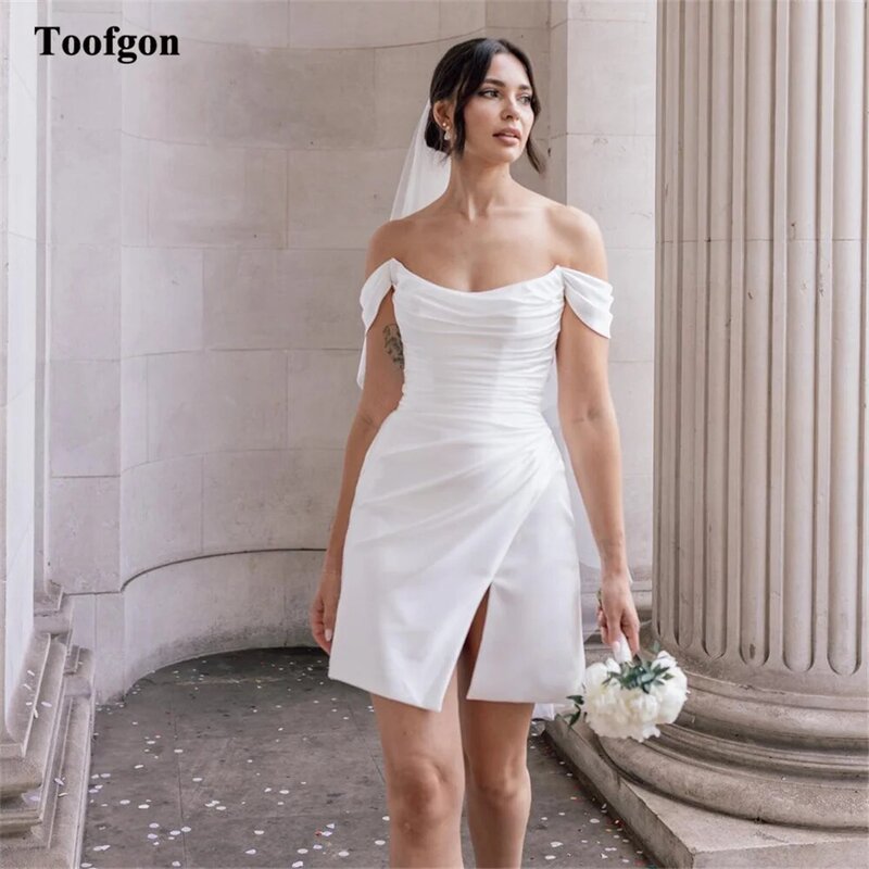 Toofgon Sheath Above Knee Mini Wedding Dresses For Women Off The Shoulder Pleat Princess Bridal Wedding Gowns Bride Party Dress