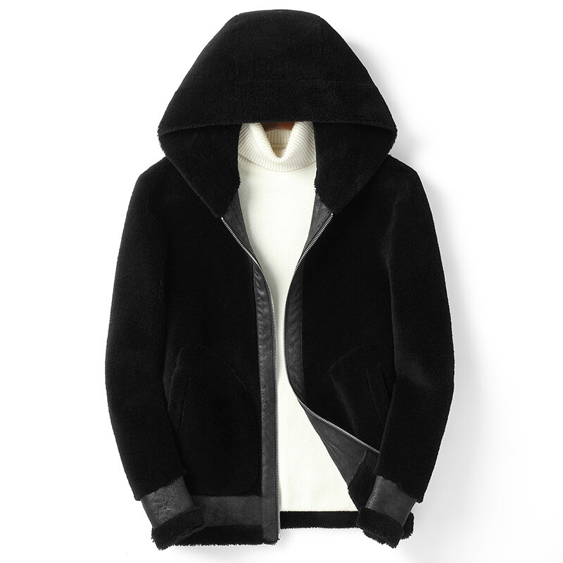 Tcyeek-メンズ本革ジャケット,薄手の通気性ウールジャケット,ショートファー,厚手のフード付きコート,Cjk087