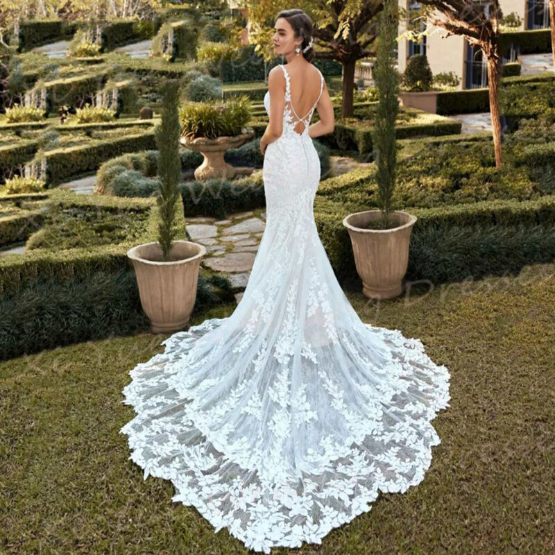 Женское свадебное платье с юбкой-годе, элегантное изысканное кружевное платье с классической аппликацией, на тонких бретельках