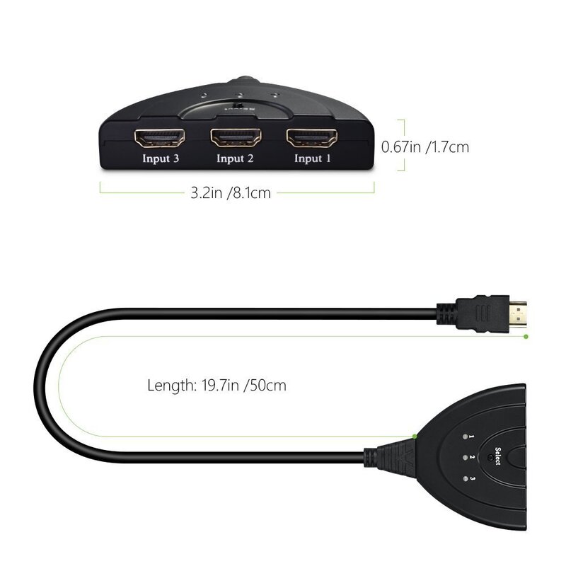 4K HD Switcher 3 Port Switch 3 in 1  with High Speed Switch Splitter Pigtail Cable Supports Full HD 4K 1080P 3D Player