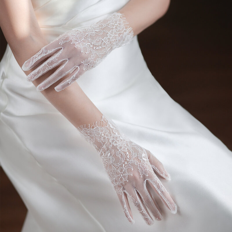 Guantes de novia cortos de encaje, pulsera de boda para mujer, niña, vestido de noche de fiesta, guantes blancos, joyería, accesorios para novias