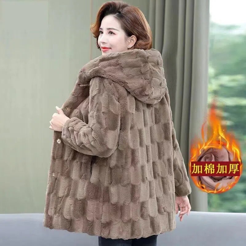 Pakaian musim dingin ibu baru mantel imitasi bulu Mink kualitas tinggi wanita paruh baya dan lansia bertudung mantel bulu tebal