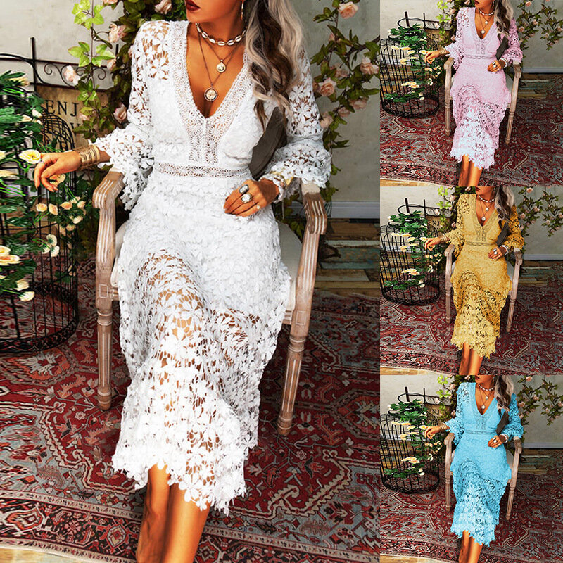 Summer New Temperament Dress Explosion Style Sexy Perspective Lace Long-Sleeved V-neck Solid Color Large Swing Party Dress Women
